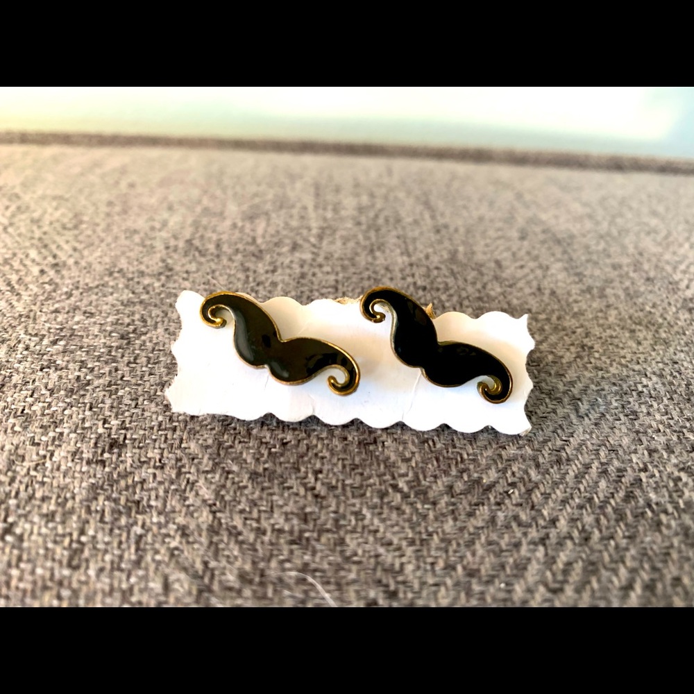 Black mustache posts stud earrings, enamel with gold outline - Picture 1 of 3